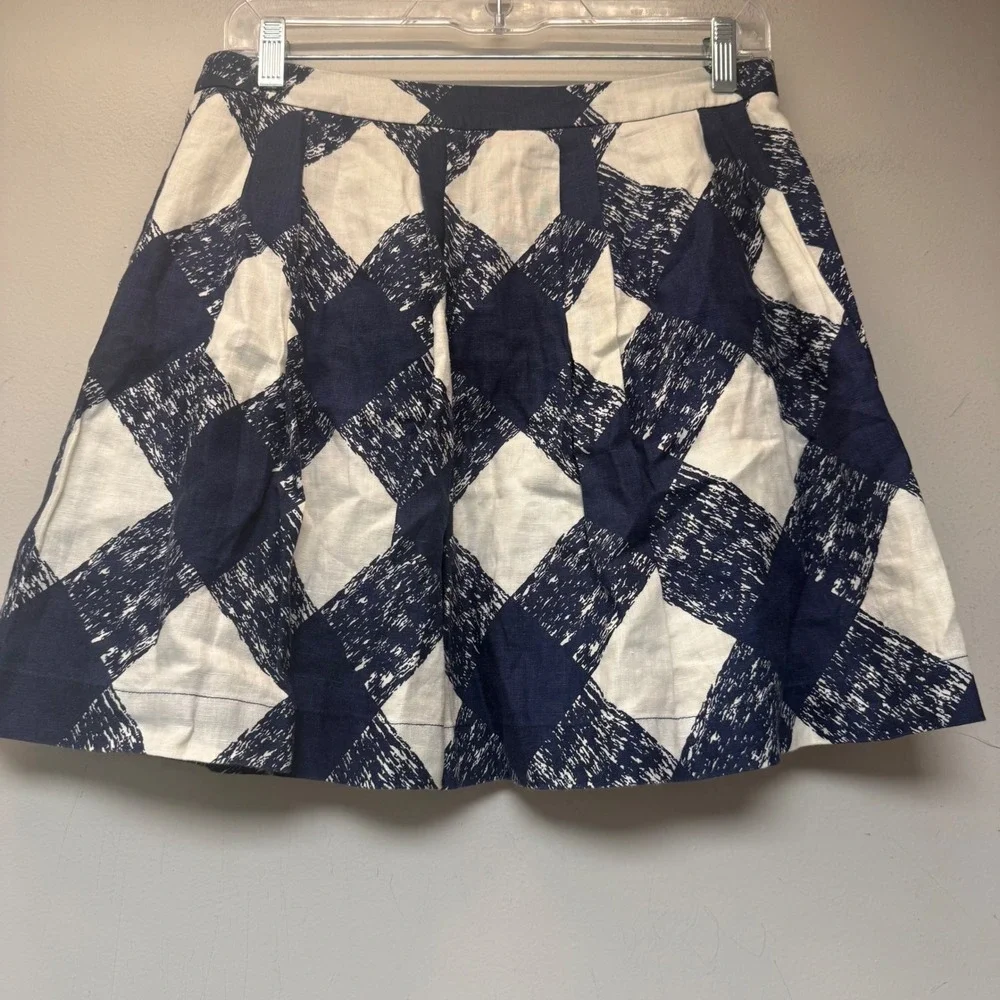 Boden Mini Skirt Womens 6R Navy Blue Excellent Linen Geometric Diamond A-Line